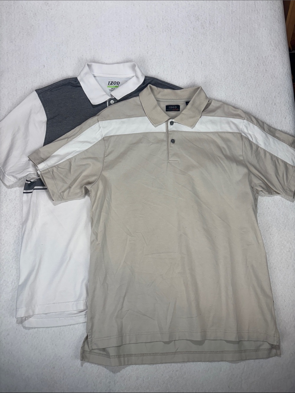 IZOD Bundle of 2 Mens Polo Shirts White Black Stripe Beige Performance  Sz L